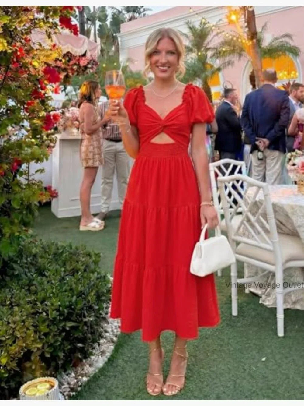 Flowy High Waist A-Line Maxi Dress with Short Puff Sleeves - Picture 2 of 7